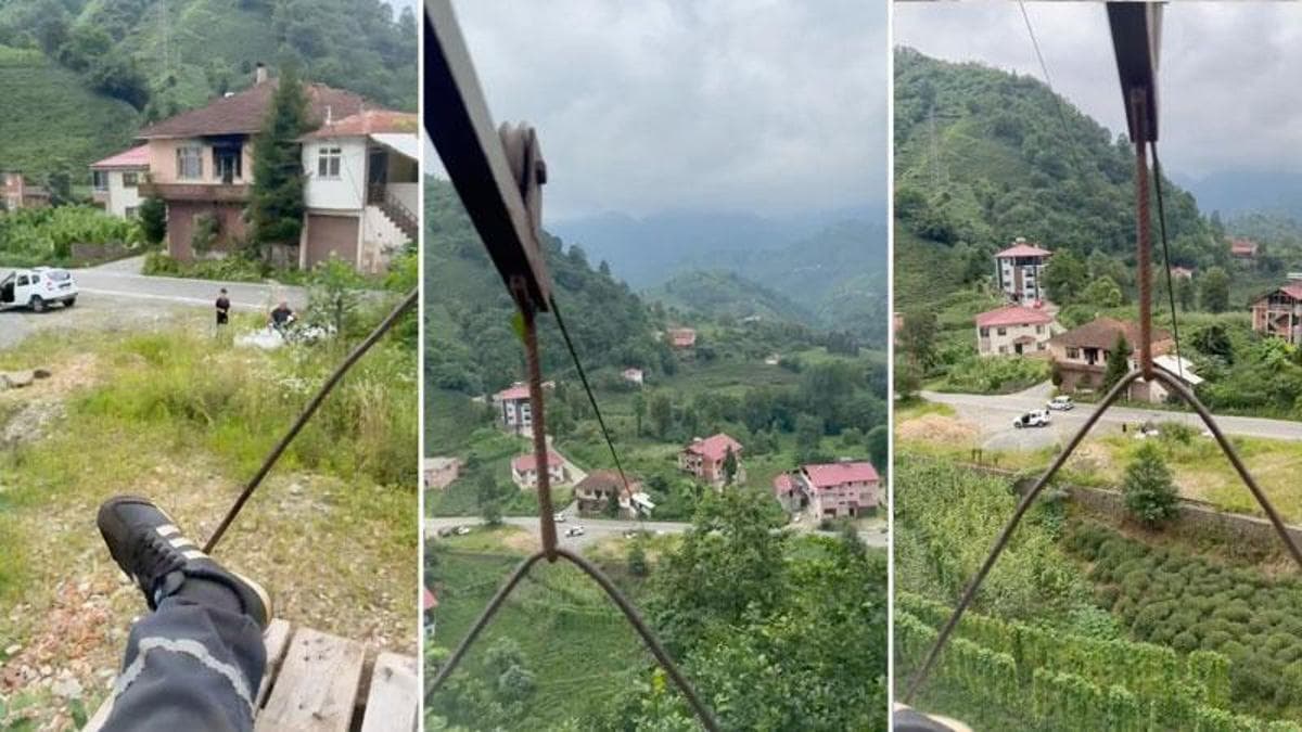 İlkel teleferikle tehlikeli yolculuk kamerada