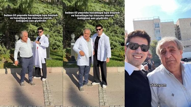 60 yaşındaki tıp öğrencisine önlüğünü oğlu giydirdi