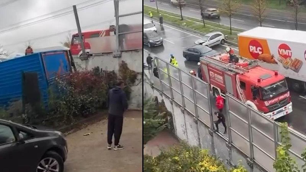 Sultangazi'de 2 araca çarpan kamyon bahçeye düştü